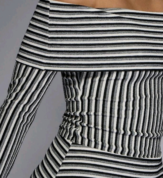 Striped Bardot Long Sleeve Mini Dress With Flippy Hem - Picture 3 of 4